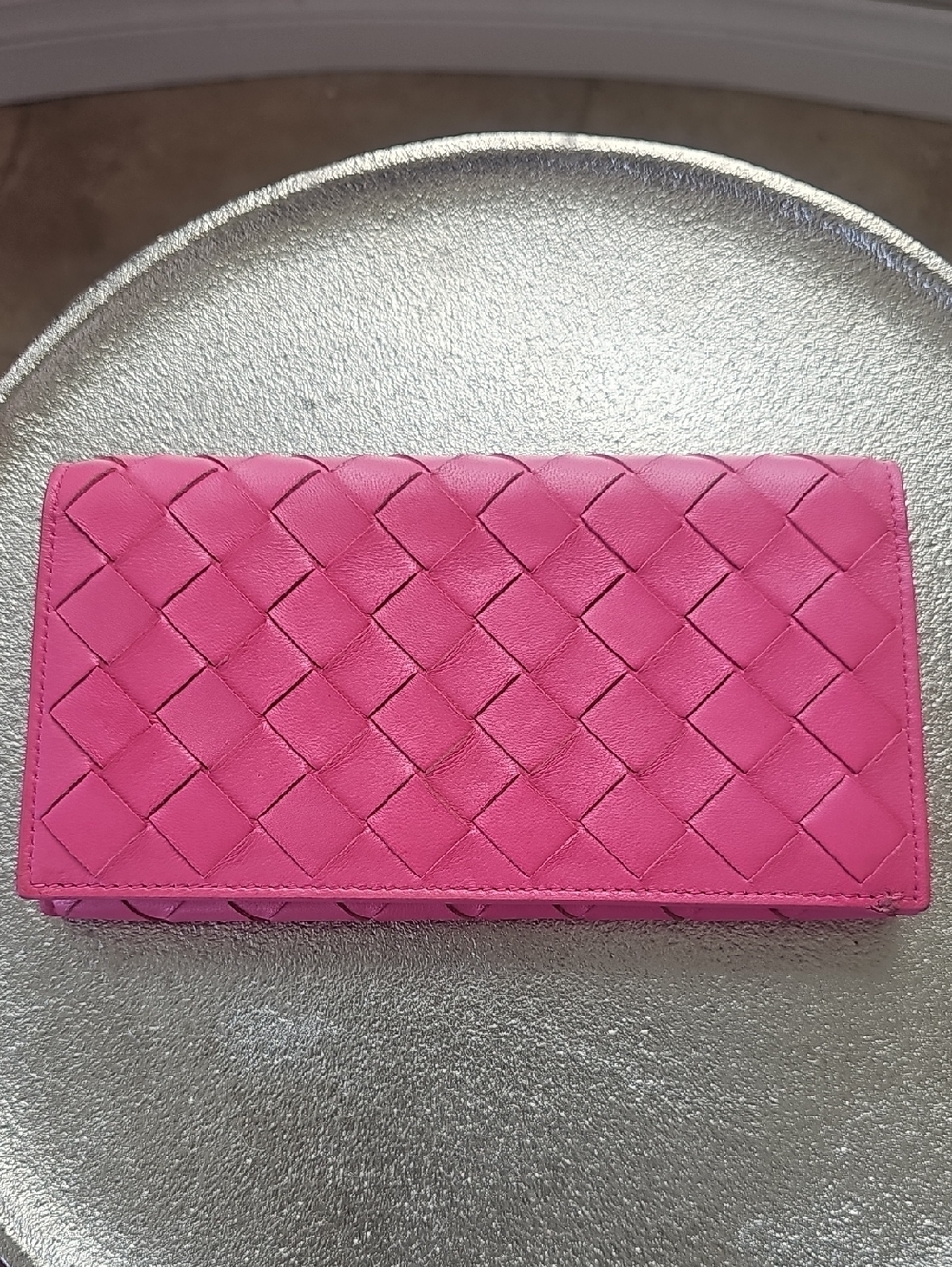Pink Bottega Venets Woven Leather Long Wallet in Hot Pink